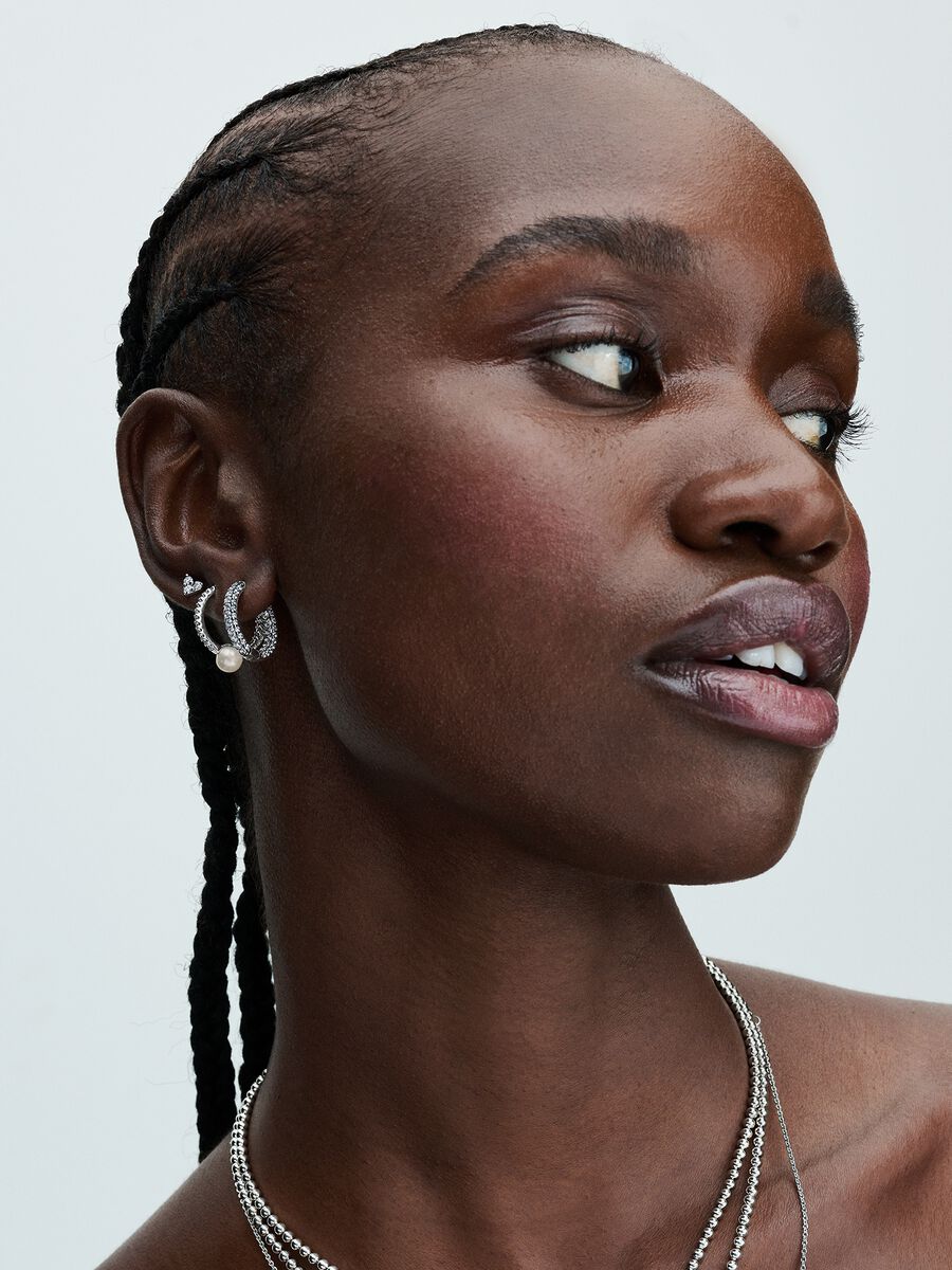 Pandora Silver Pearl Pave Hoops