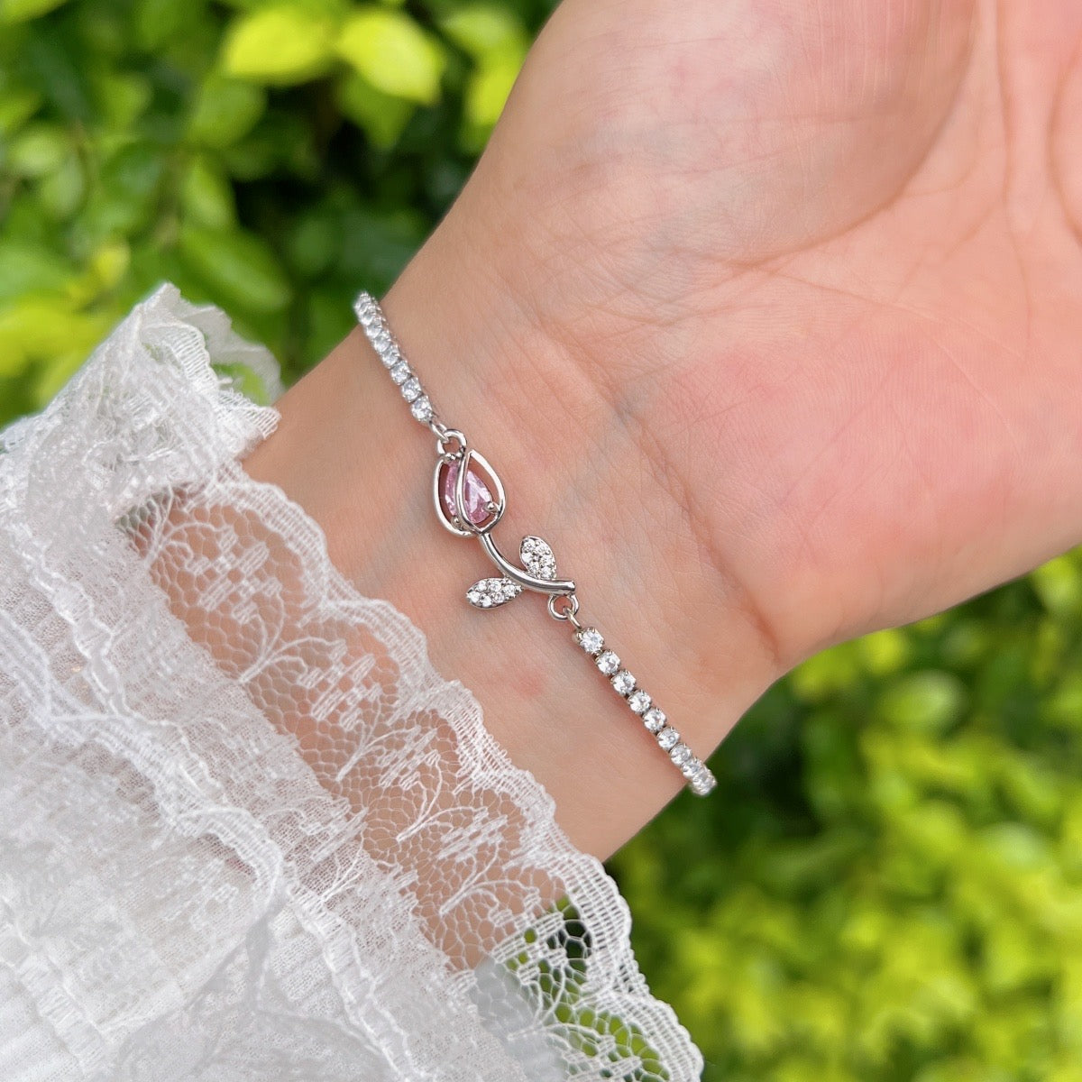 Pink Tulip Silver Bracelet