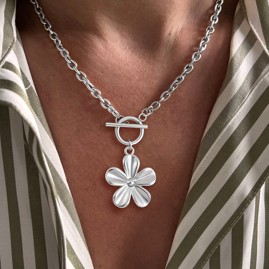 Flower Chunky Chain Silver Necklace