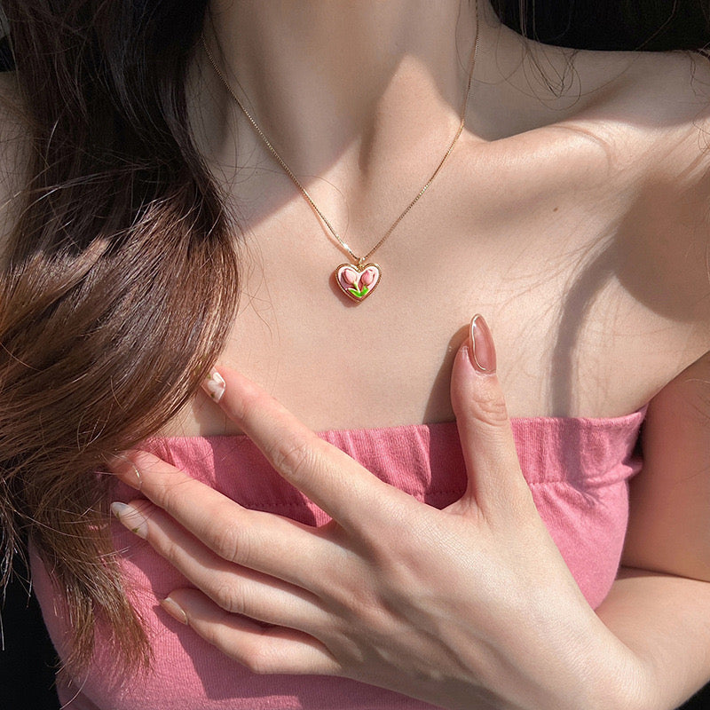 Pink Heart Tulip Necklace