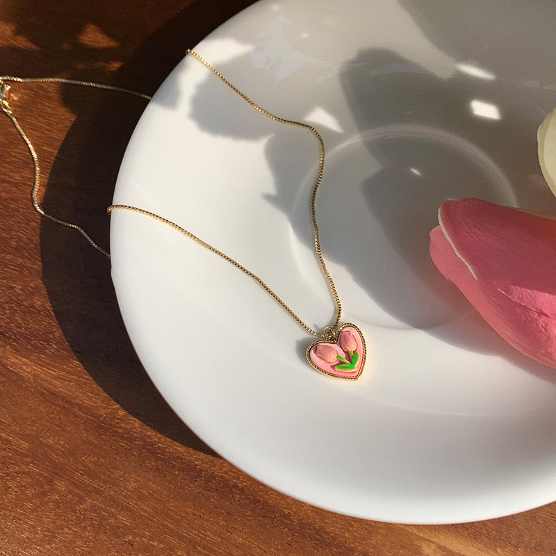 Pink Heart Tulip Necklace